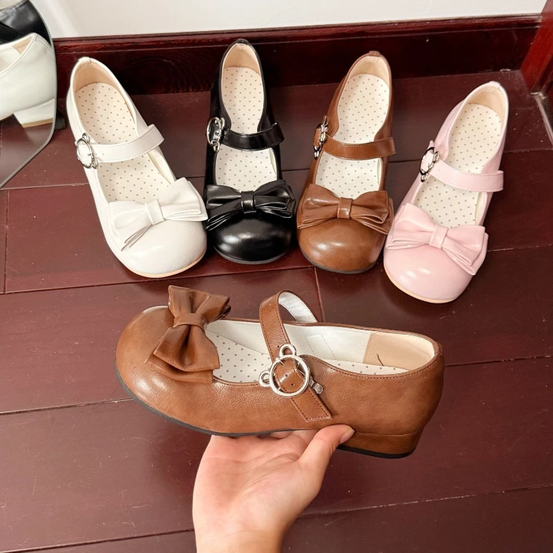 Japanese Retro Sweets Round Head Lolita Shoes Women Cute Bow Metal Button Mary Jane Shoes Fashion Head Flats Small Leather Shoes