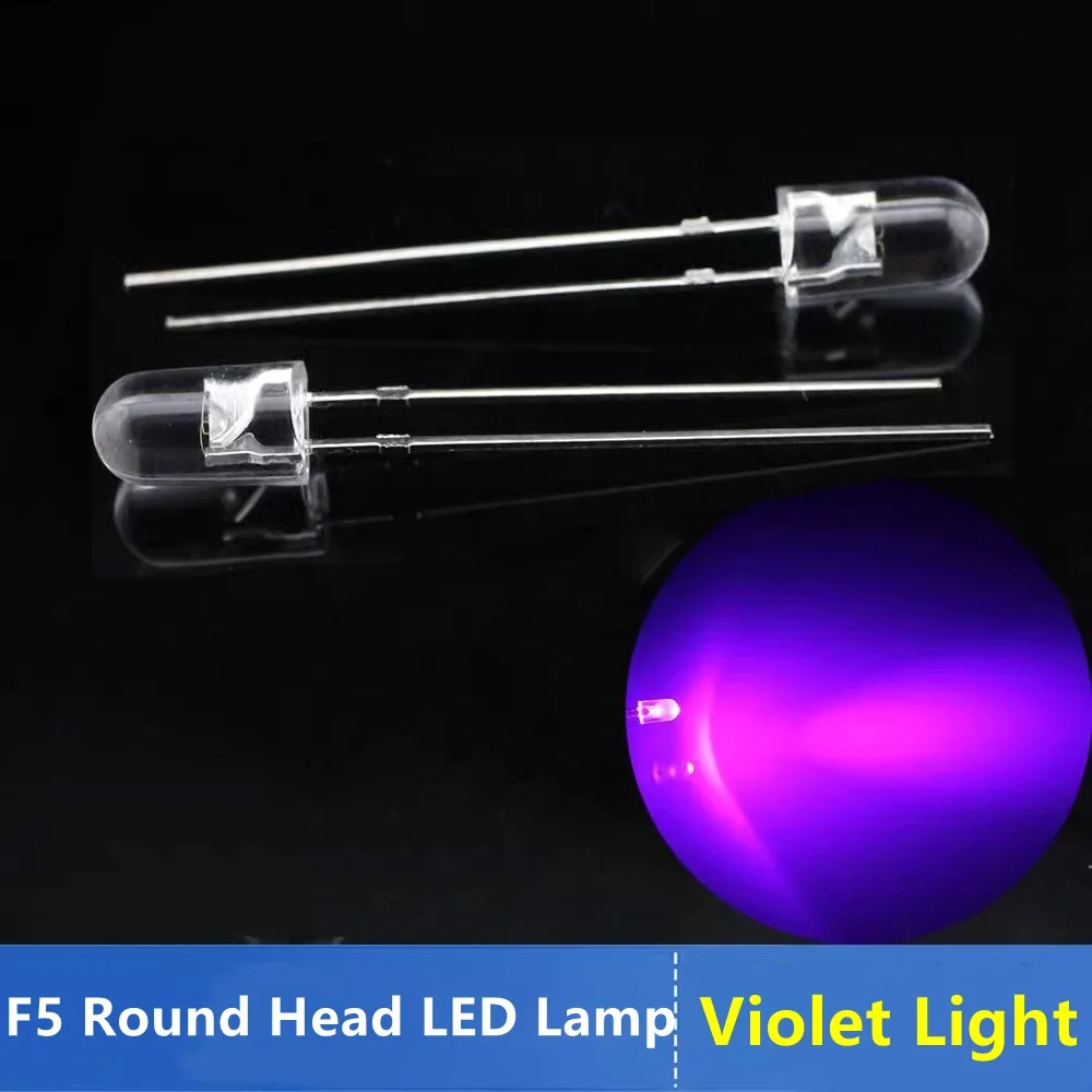 100 buah/lot lampu Violet F5 kepala bulat LED kecerahan tinggi Diode pemancaran cahaya 5mm 2.8V-3V