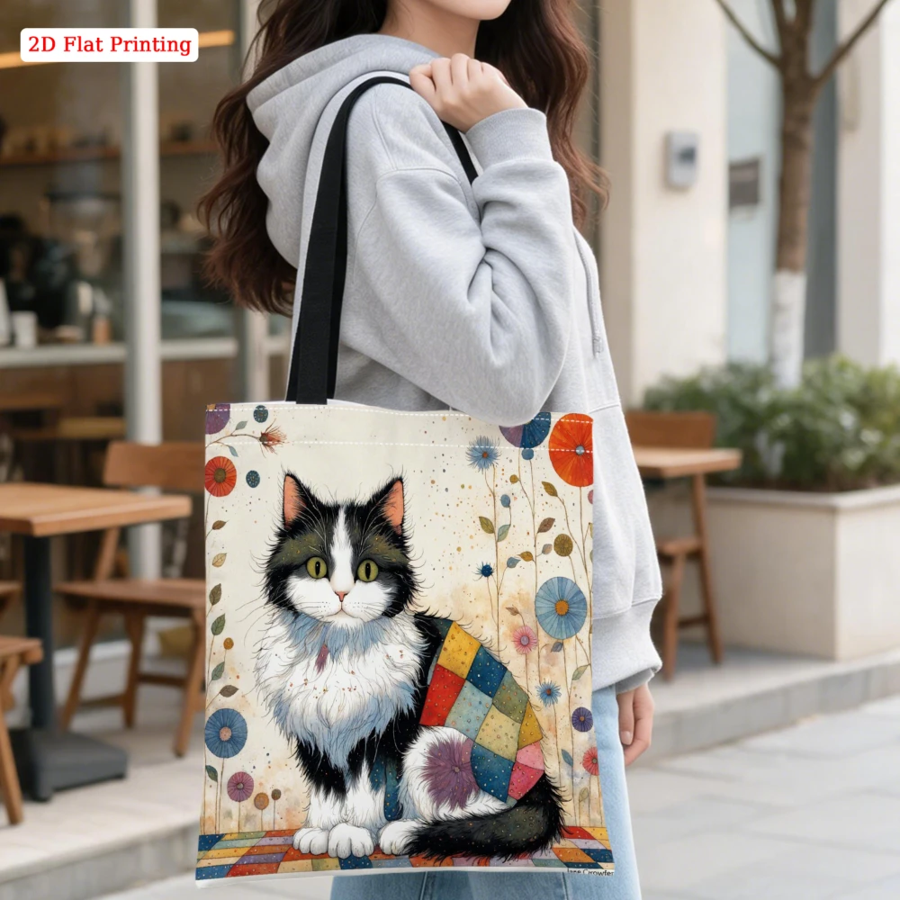 1Pc Vintage Style Shoulder Bag Multicolor Cute Cat Floral Print Tote Bag For Shopping Travel Daily Use Large Capacity Storage Ha