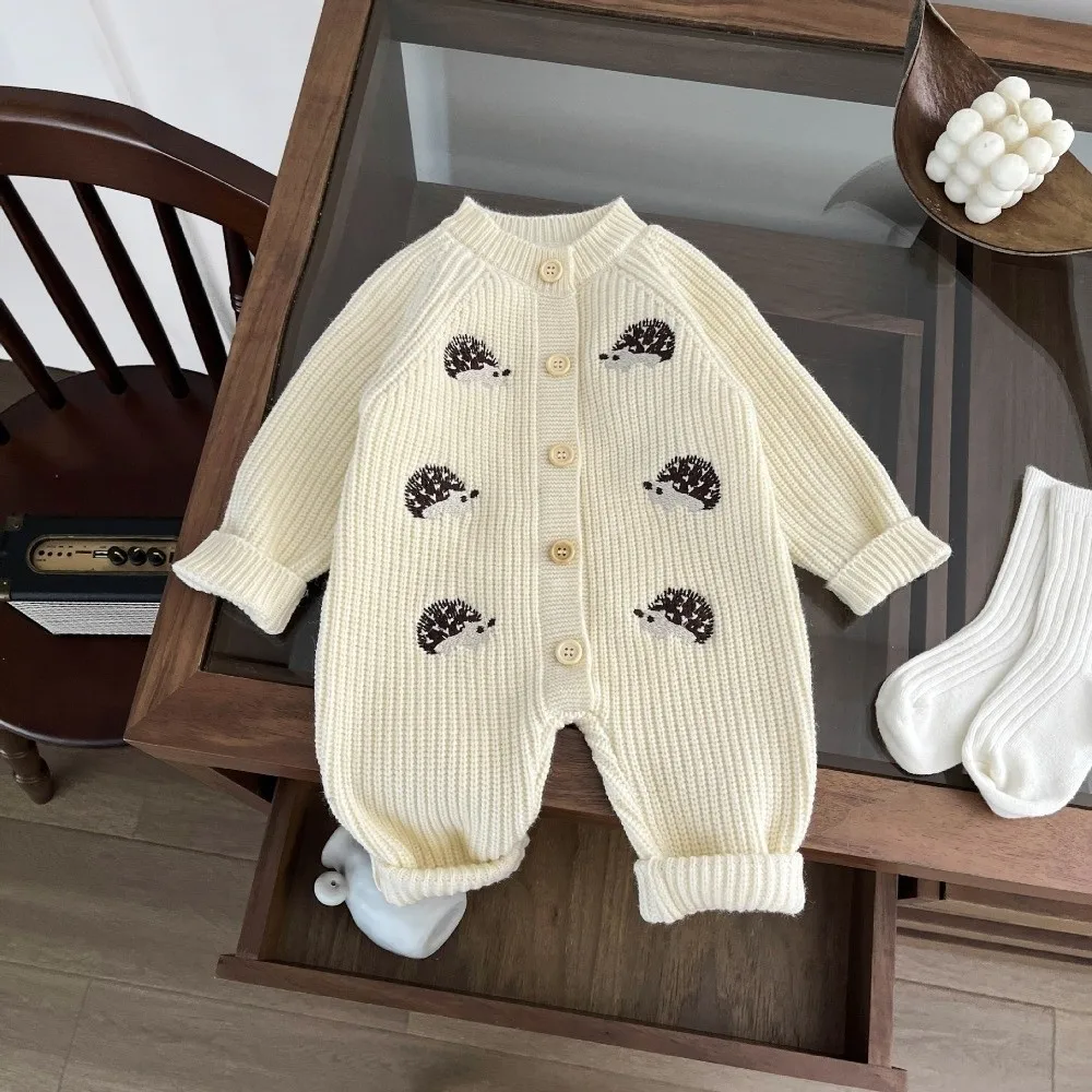 

Высококачественный милый детский комбинезон с изображением ежика, плотная одежда для ползания с длинными рукавами, вязаные комбинезоны, осень-зима