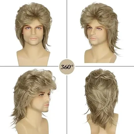 QQXCAIW Synthetic Ash Blonde Mullet Wigs For Men Joe Dirt Costume 80s Funny Wigs Heat Resistant Pop Rock Wig For 70s Mens