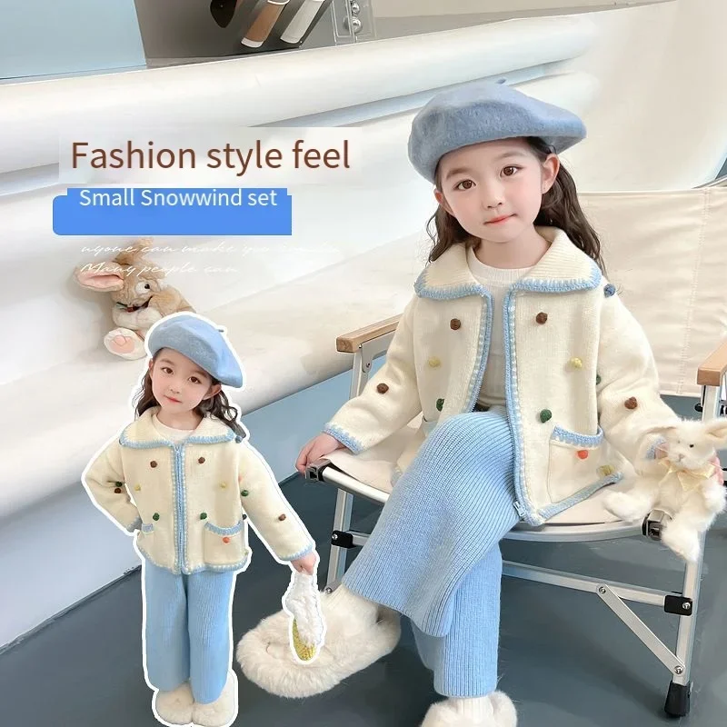 Anime Sanrioed Cinnamoroll Girls Sweater Coat Fall Fashion Outfit Cardigan Pants Two Piece Korean High Quality New Kids Clothes