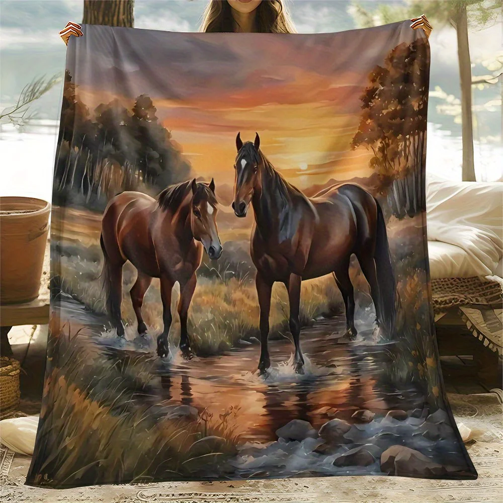 

1pc Soft And Cozy Sunset with Horse Warm Scene Pattern Design Printed Blanket | Portable for Bed, Travel, Camping, Living Room,