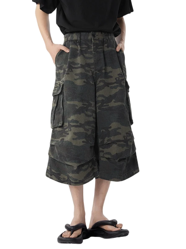 

MGJM Trendy High Street Summer Waed Camo Seven-Foot Jeans Loose Straight Leg Trousers for Men And Women Casual Youth Sle