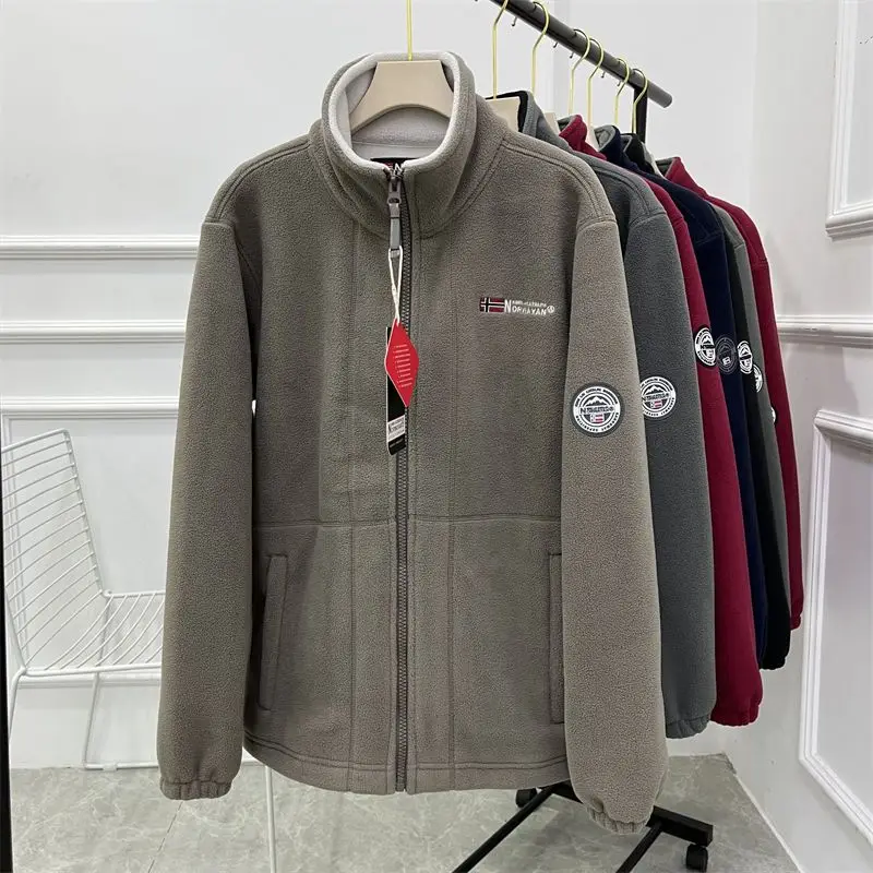 

Men's Thick Velvet Double-sided Polar Fleece Jacket Autumn Winter Warm Casual Loose Large Size Zipper Stand Collar Jackets Tops