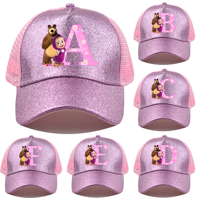 Masha und der Bär Baseballkappe für Damen, modisch, trendig, leuchtend rosa, Netz-Mütze, Cartoon-Anime-Druck, mit Klettverschluss, verstellbarer Riemen