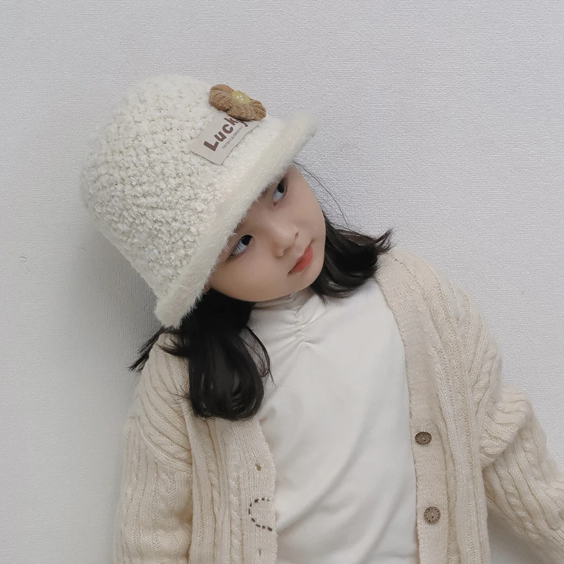 Autumn Winter Baby Fisherman Hats Lovely Flower Pattern Kids Boys Girls Children Caps Artificial Lambwool Soft Warm Bucket Hat