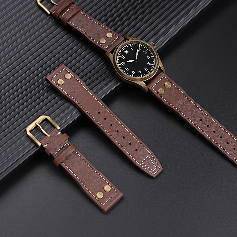 Vintage Bronze rivet Leather Watchband For IWC Big Pilot Top Gun Spitfire -20mm 21mm 22mm Brown Replacement Retro Watch Strap