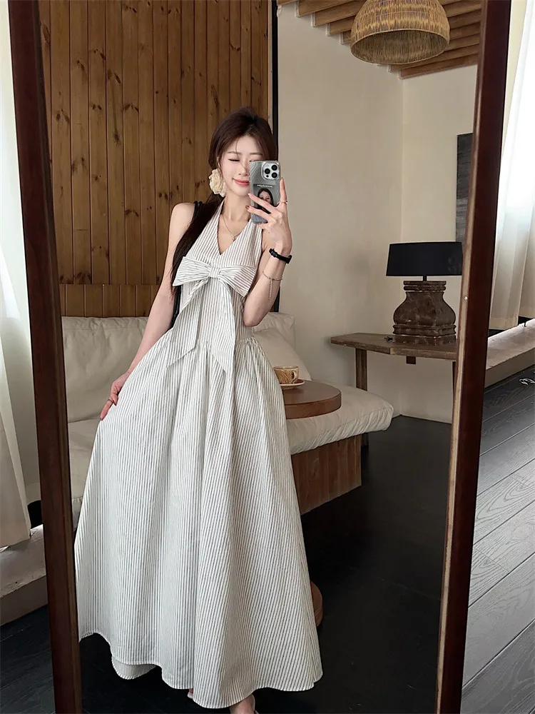 

French Summer Holiday Backless Striped Halter V Neck Long Dress Sleeveless Women Big Bow Fashion A Line Seaside Beach Maxi Dress