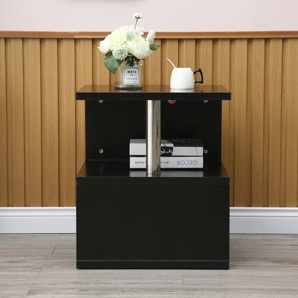 US Modern High Gloss Coffee/Side Table Black With Blue LED Lights S-shape End Table