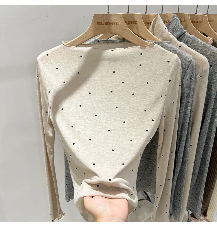 2026 Sommer Dünnes Schicht-Unterhemd Lässiges Allround-Oberteil Damen T-Shirt Aprikotfarben Gepunktet Ein-Schulter Langarm-Shirt – Detail 5