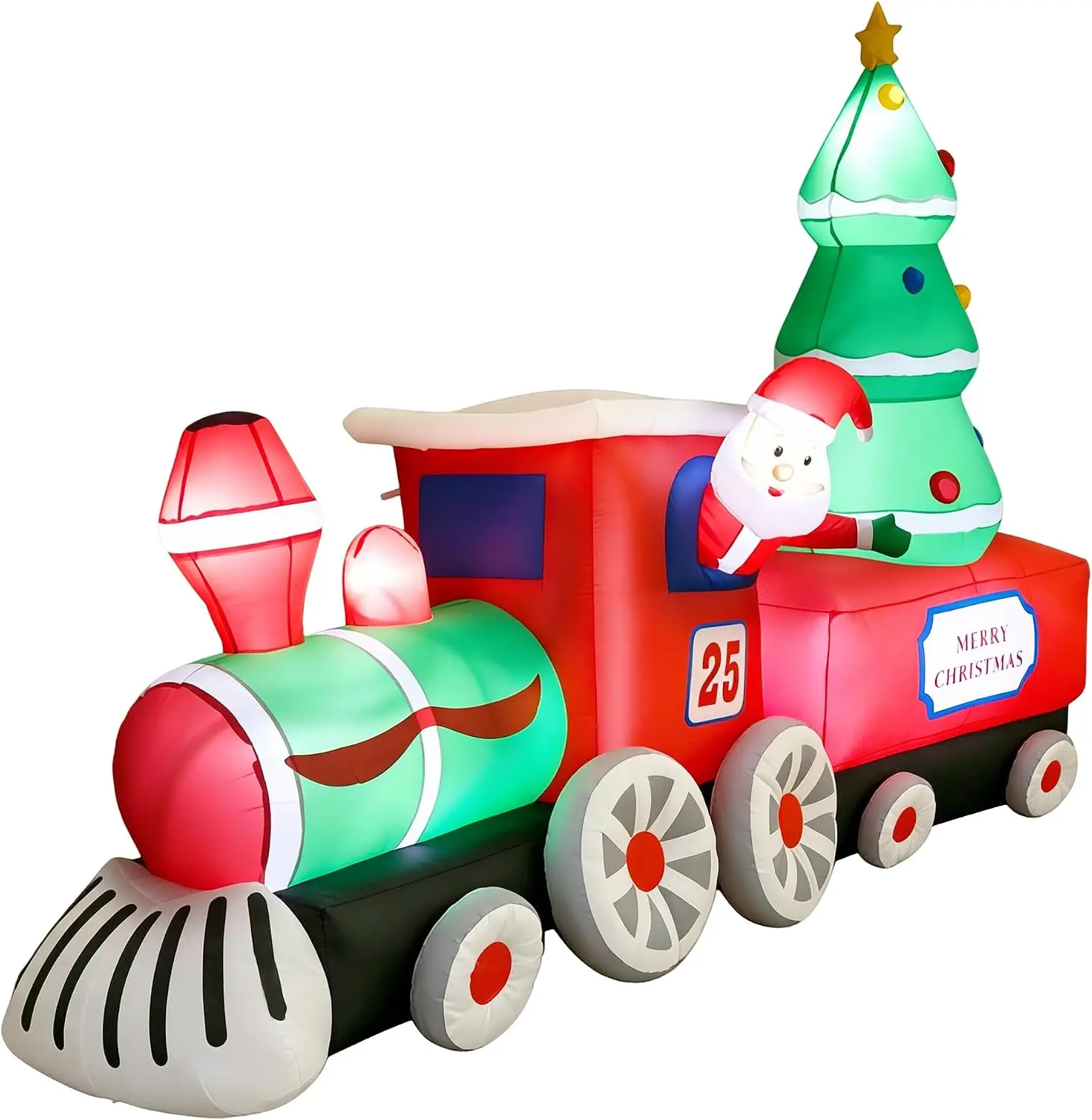 Christmas Inflatable Train Decoration, 7.2 FT Holiday Yard Display with Santa Claus, Christmas Tree and LED Lights