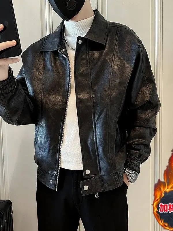 

Casual Men's Leather Jaet Trendy Autumn Winter Outerwear Slim Fit Long Sve Zipper Closure Blo Color Double Sided Wear
