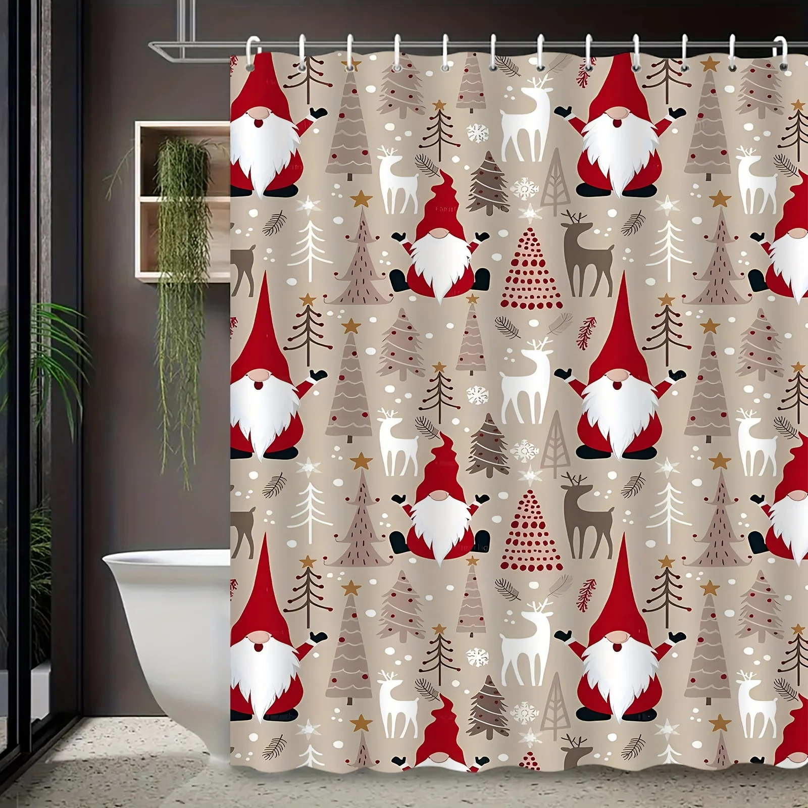 

"Christmas Gnome Shower Curtain - Festive Red-Hatted Gnomes with Trees and Reindeers, Perfect for Holiday Bathroom Decor"