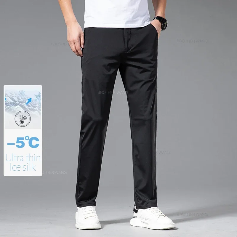 Summer Ultra-thin Ice Silk Quick-drying Casual Pants Male Gray Black High Elastic Straight Draped Men\'s Business Casual Trousers