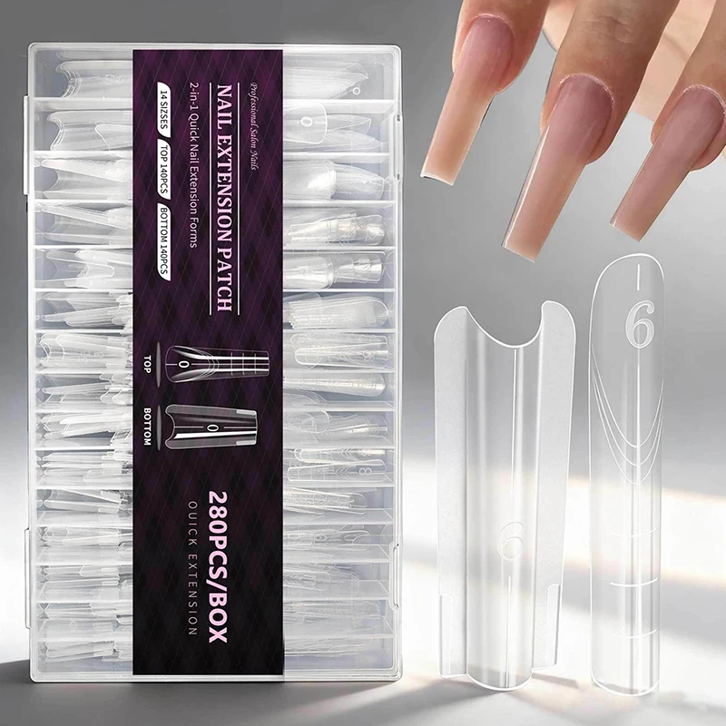 

140/280Pcs 13Size Quick Extensions-Dual Forms Coffin Oval T-shaped Manicure Forms Top Mold Bottom Mold Sandwich Dual Nail Forms