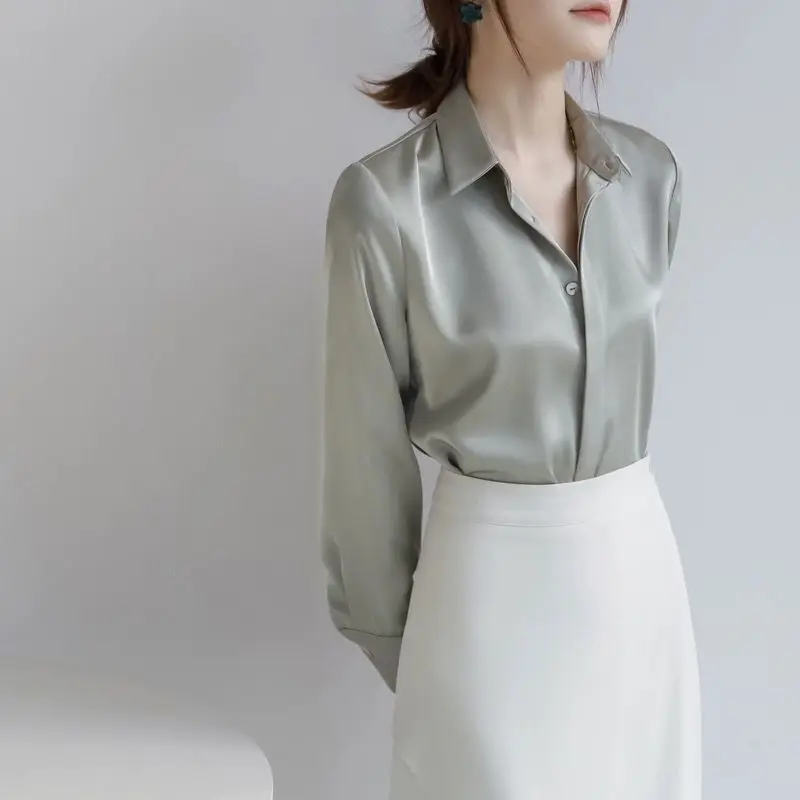 

Новый стиль, простой темперамент, высококачественный однотонный цвет, универсальный свободный крой, профессиональная женская рубашка для поездок на работу, шелковистая длинная рубашка