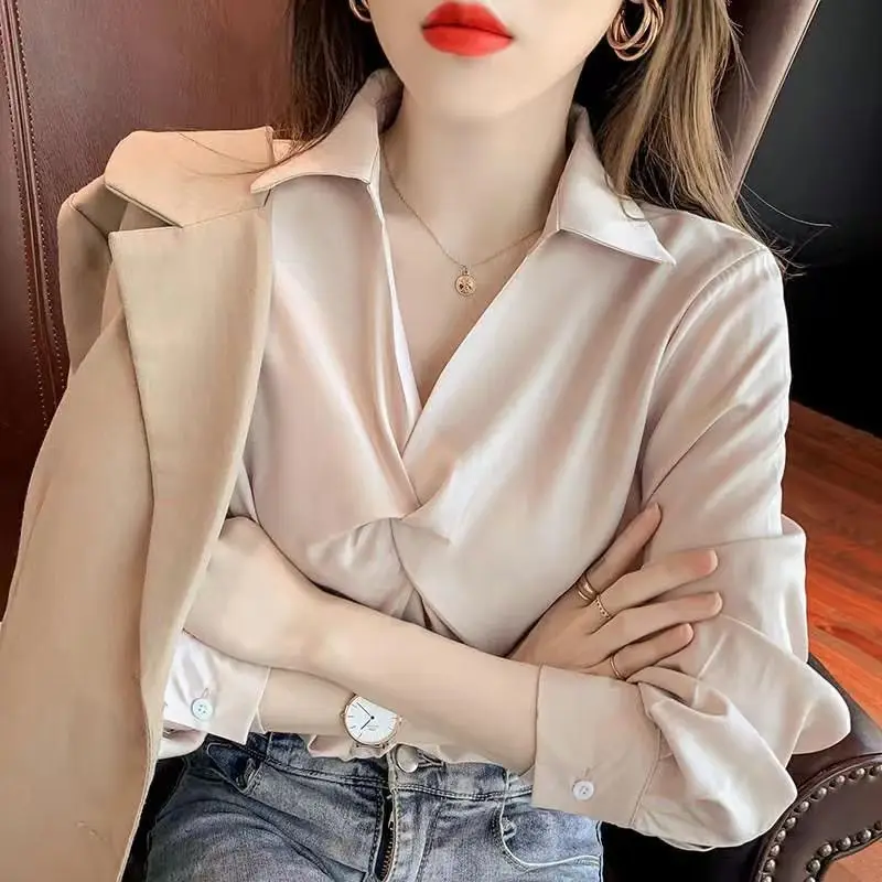 Korean Chiffon Pleated Shirt Tops Spring New Long Sleeve Polo Neck Loose Solid Color Fashion Blouse Vintage Office Women Clothes