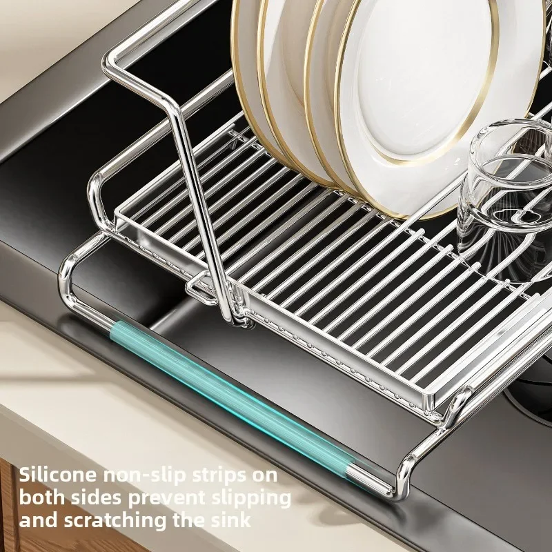 Sink Drain Basket Stainless Steel, Telescopic Dish Rack for Kitchen Basin, Adjustable Tableware Drying Rack & Utensil Drainer