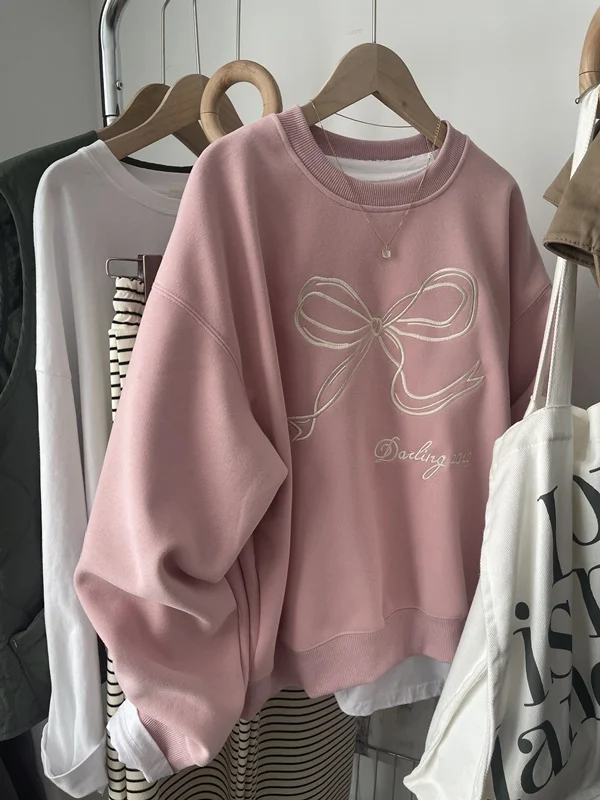 

American High Street Retro Spring New Knot Sweet Casual Loose Sweatshirt Women Universal Top round Neck Long Sleeve