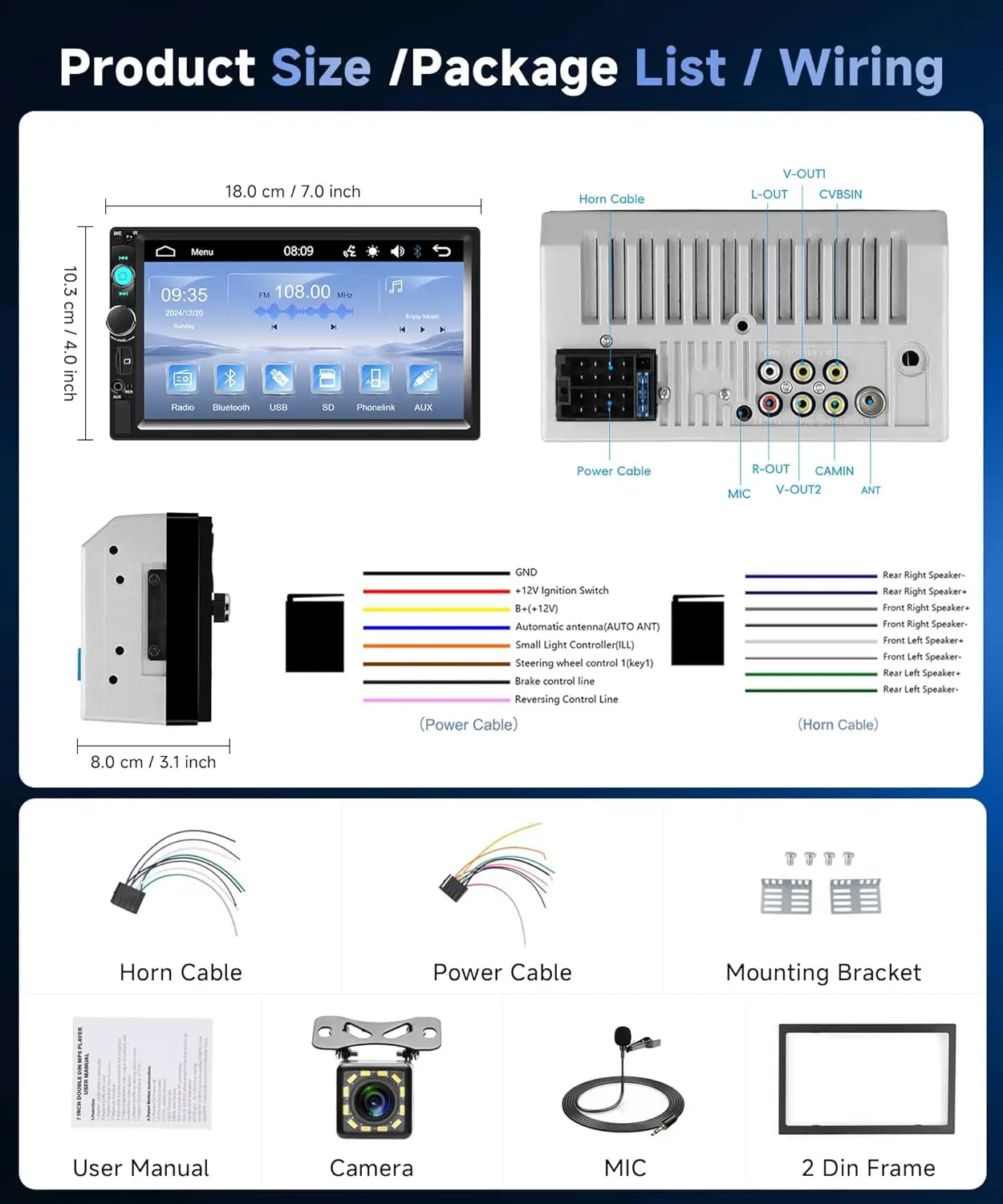 7' Car Radio with Bluetooth, Mirror Link, Backup Camera, FM, USB, AUX, Steering Control