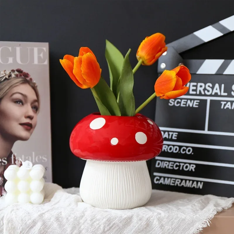 1pc Large Caliber Resin Modern Style Mushroom Vase Cute Home Decor Accent Tabletop Display Gift