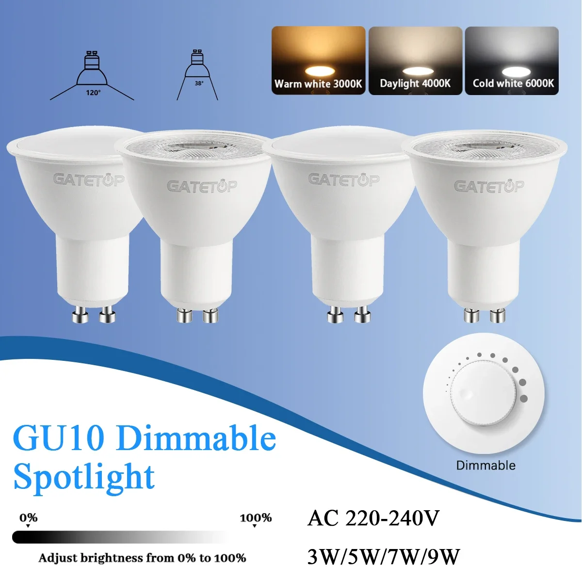 1-20pcs GU10 LED Bulb AC220V Dimmable 3W 5W 9W,50W Halogen Replacement,120 38 Degree Spotlight Warm White for Kitchen Range Hood