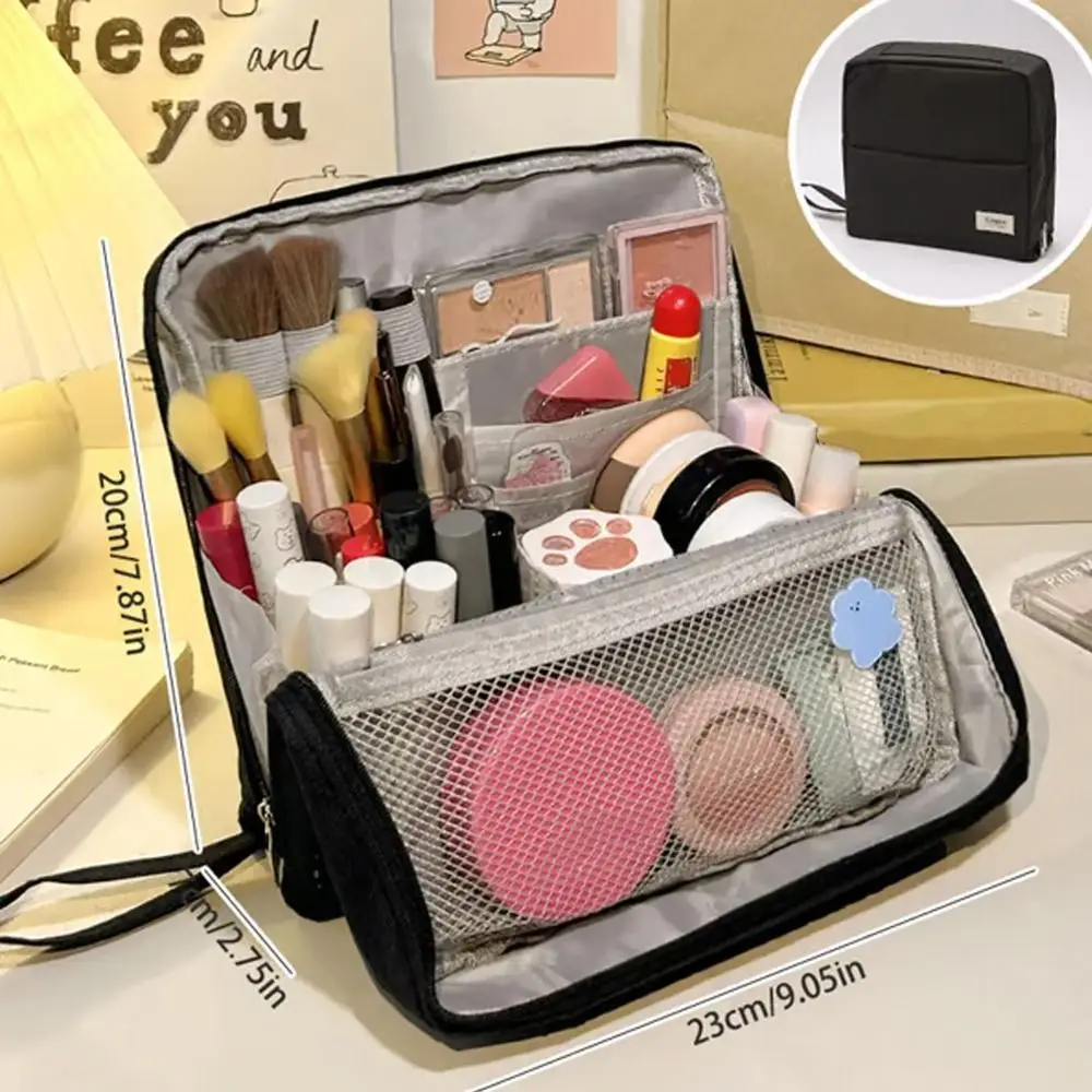 

Leather Standing Makeup Bag Waterproof Partitioned Multi-Layer Stationery Organizer Large Capacity With Handle