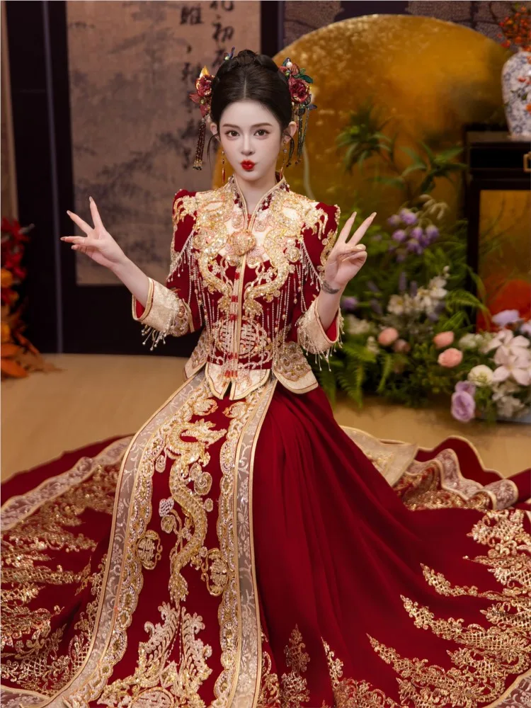 

New velvet bride's toasting dress Chinese-style wedding for women
