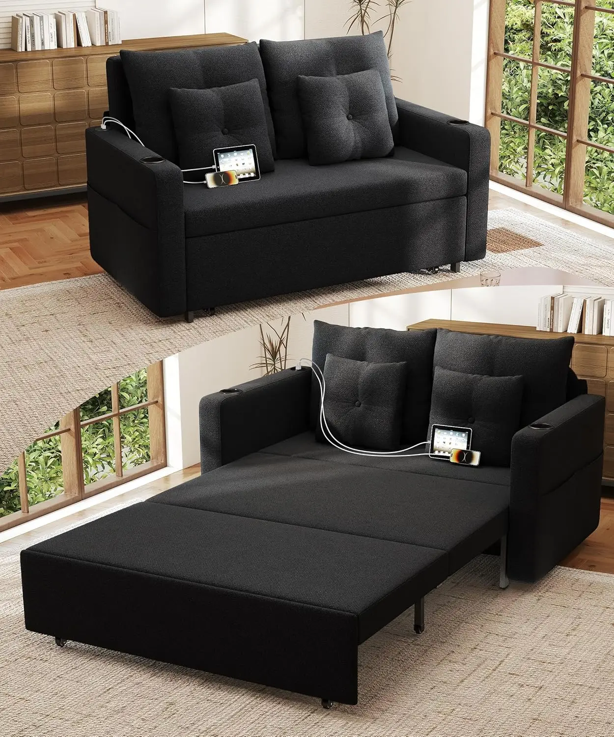 

56 Inch Convertible Sofa Bed, Multi-Use Pull-Out Couch with USB, Cup Holders, Side Pockets – Black