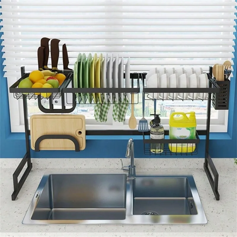 Over The Sink Dish Drying Rack Snap-On 2 Tier Large Dish Holder Stainless Steel with Pots and Pans Rack