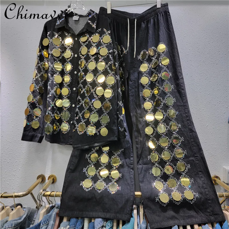 2025 Spring New Fashion Heavy Hot Diamond Sequined Denim Shirt Jacket High Waist Straight Denim Pant Sets Women's Two-piece Set