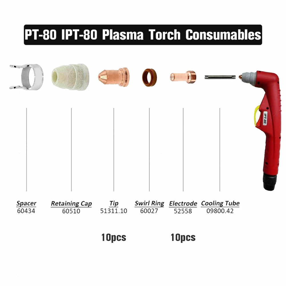 For PT80 Compatible Plasma Torch Replacement Kit 20 PCS Electrode Nozzle Set for For PT80 Air Cutting Tasks Nozzle 1.0 mm