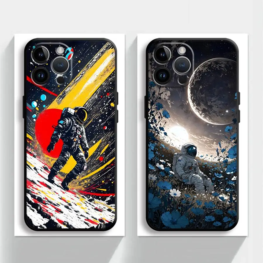 حافظة لهاتف آيفون 17 اير 13 12 11 17 برو ماكس 7 8 XR 15 16 14 Plus XS Max غطاء هاتف ناعم أسود كارتون جالاكسي رائد الفضاء #1