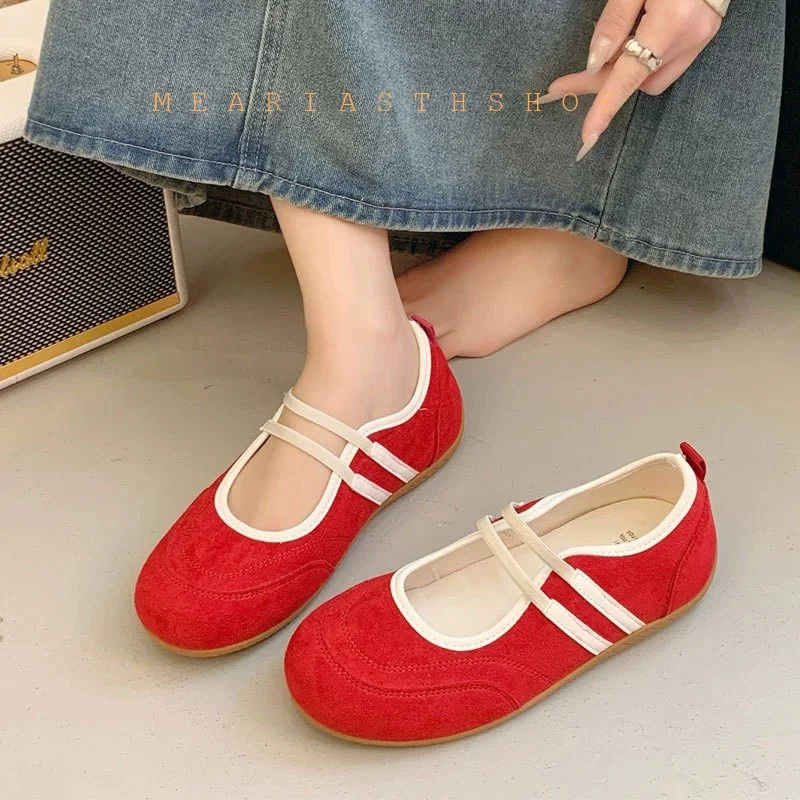 Retro Red Mary Jane Flats Women's 2025 New Sle Ballet Flat oes Casual Lightweight Upaded Version Comfortable Breathable