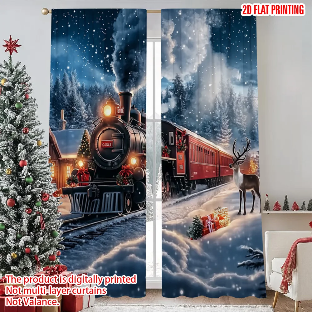 

2pcs 2D flat printing Christmas Window Drapes Christmas Train1 Versatile Fabric Without Electricity Festive Holiday Perfect for
