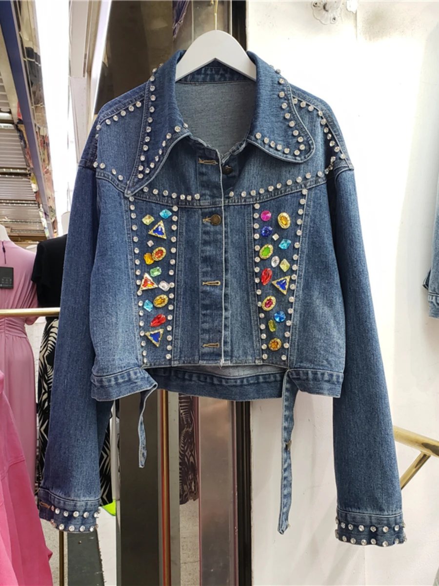 Trendy Street Diamond Tassel Chain Hollow-out Love Design Denim Jacket Women 2023 Autumn New Jean Jacket Hot Loose Coat Casacas