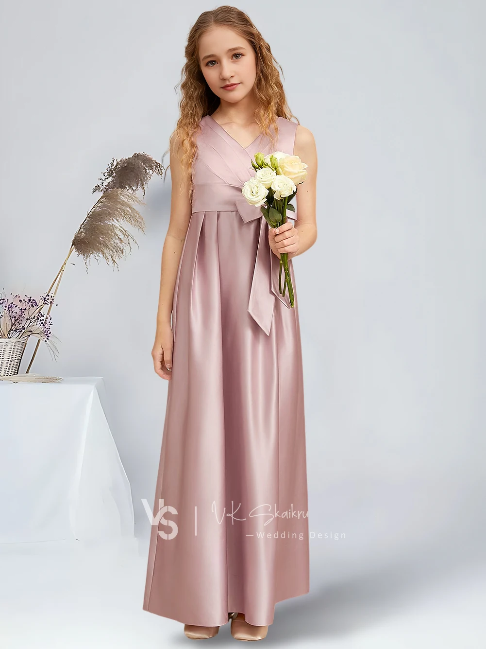 Elegant A-Line V-Neck Floor-Length Satin Junior Bridesmaid Dress with Bow Dusty Rose Charming Flower Girl Dresses Party Wedding