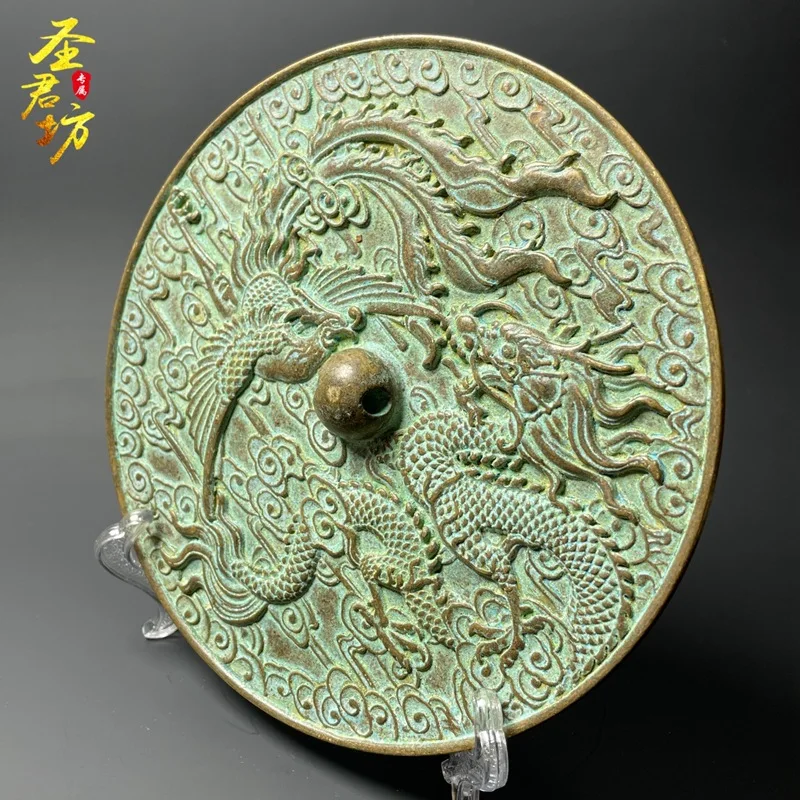 Vintage Large Copper Qinglong Phoenix Pattern Copper Mirror Antique Style Bagua Mirror Ornament Home Entrance Cabinet Living Roo