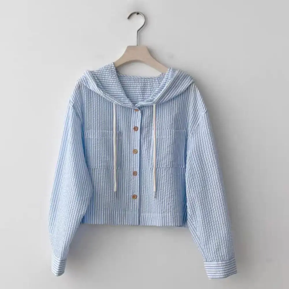 قميص بقلنسوة مخطط برباط على الطراز الكوري، قميص فضفاض بأكمام طويلة، بلوزات أنيقة بغطاء للرأس للنساء للربيع