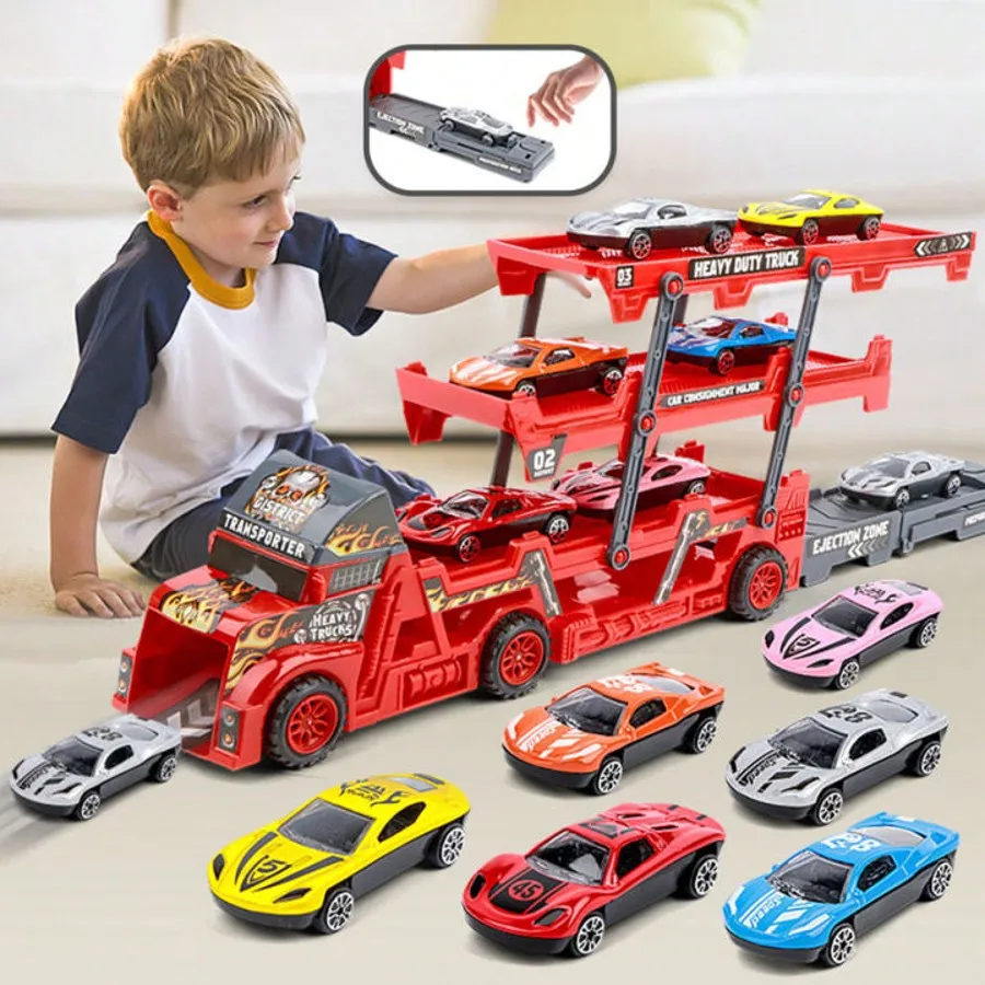 Simulation Container Engineering Truck Toy for Kids, Retractable Folding Ejection Deformation Car Playset, With 12 Mini Cars