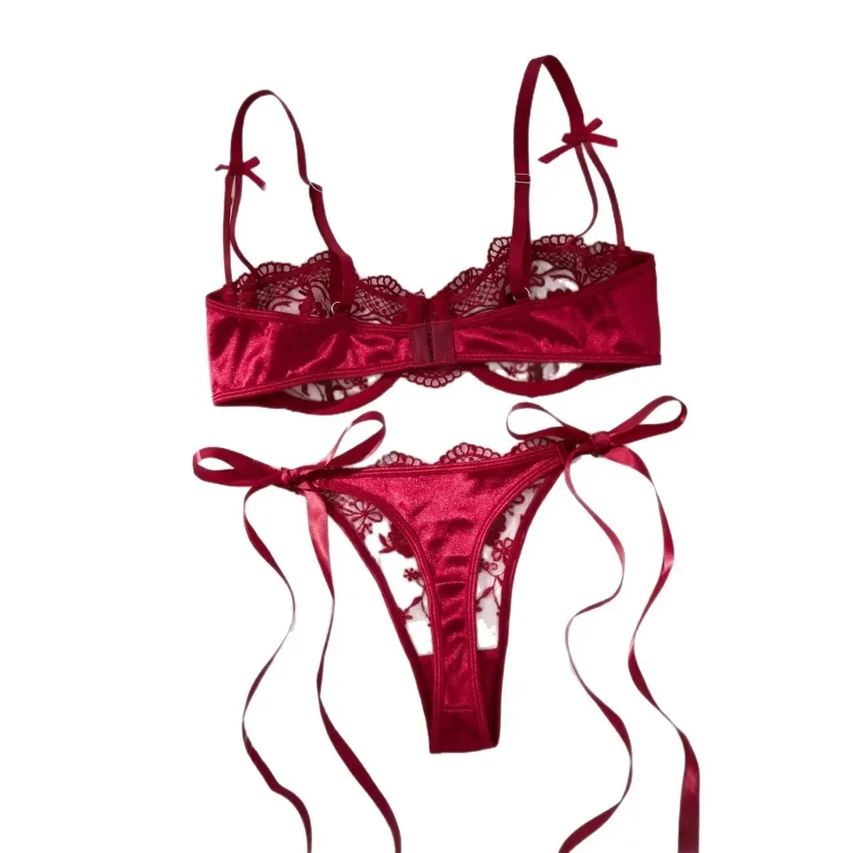 

Sexy Wine Red Lace Embroidery See Through Lace Up Thong For Women Female Hot Caliente Lingerie Underwear Apparel Erotic Set