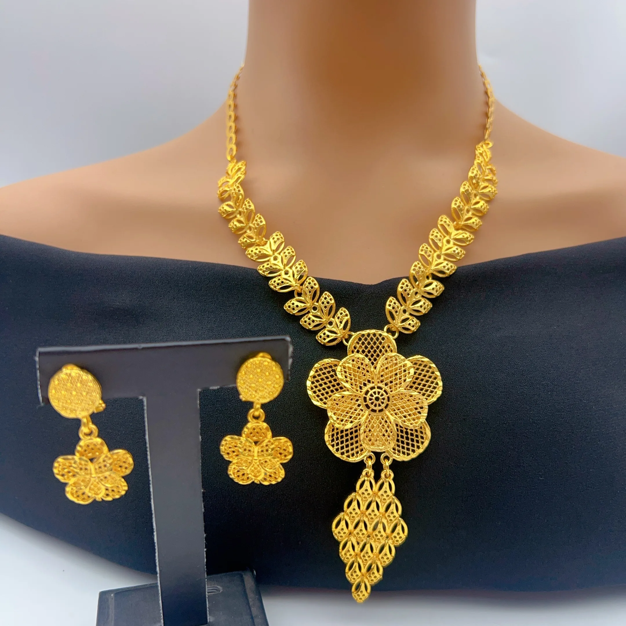 Dubai Long Necklace and Earrings Sets for Bridal Ethiopian Indian Nigeria 24k Gold Color Jewelry Earrings Banquet Party Gifts