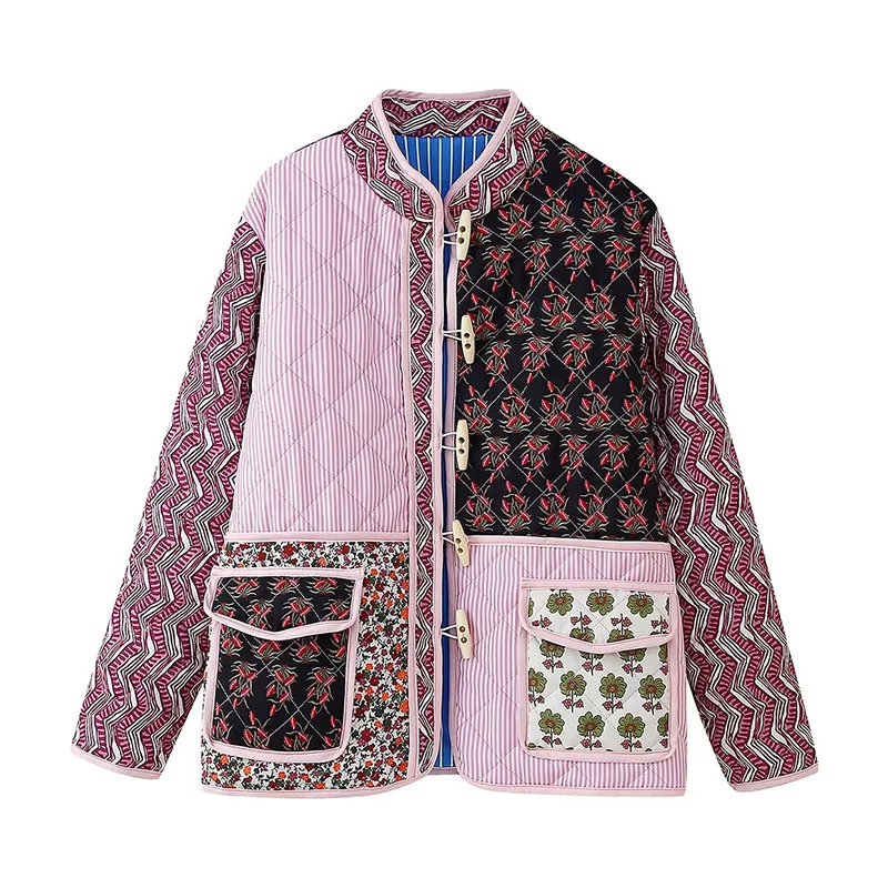 

Cotton-padded Clothes Jacket Vintage Retro Floral Printing Patchwork Winter Warm Coat Casual Women Full Sleeves Lady Streetwear