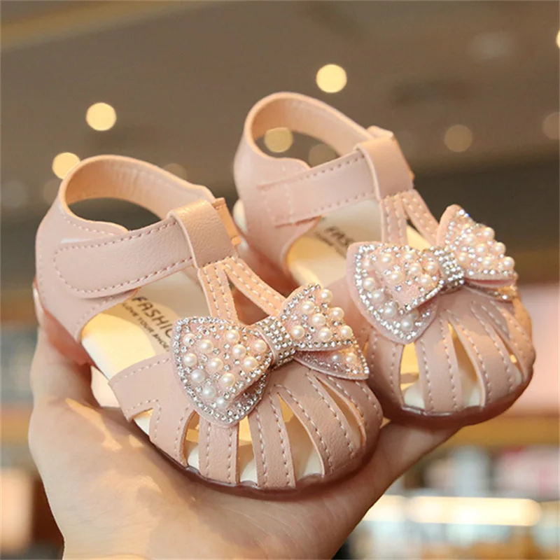 Summer Baby Girls Sandals 2023 Bowtie Fashion Pink Princess Toddler Party Dance Shoes Soft Sole Non-Slip Baby Shoes 0-3 Years