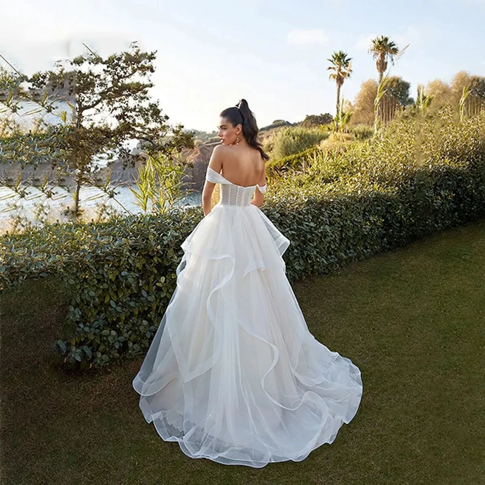 Vestido de novia de corte en A sin mangas con hombros descubiertos, dulce princesa, trapeador de viento, Sexy, sin espalda