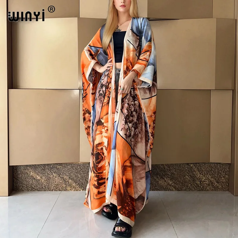 2024 new WINYI Summer Butterfly printing Beach Wear Swim Suit elegant Africa women boho Cardigan sexy Holiday long Sleeve Kimono