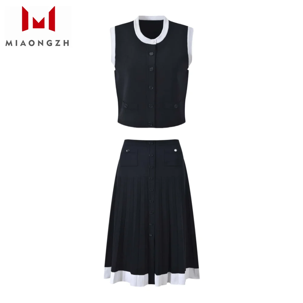 

High Quality Women's Knitted Black White Contrast Two Piece Set O Neck Sleeveless Vest Cardigan Tops or High Waist Skirt Slim 25
