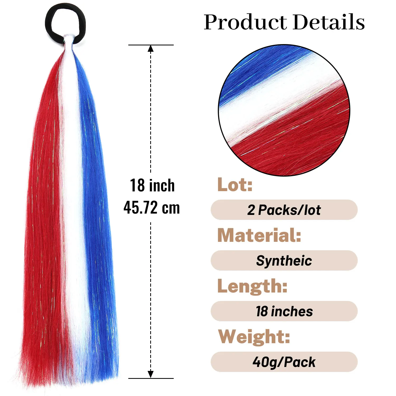 2pcs/set Synthetic Tinsel Ponytail Hair Extensions with hair tie Rave Braids Red/White/Blue for Women Daily Party Holiday Use