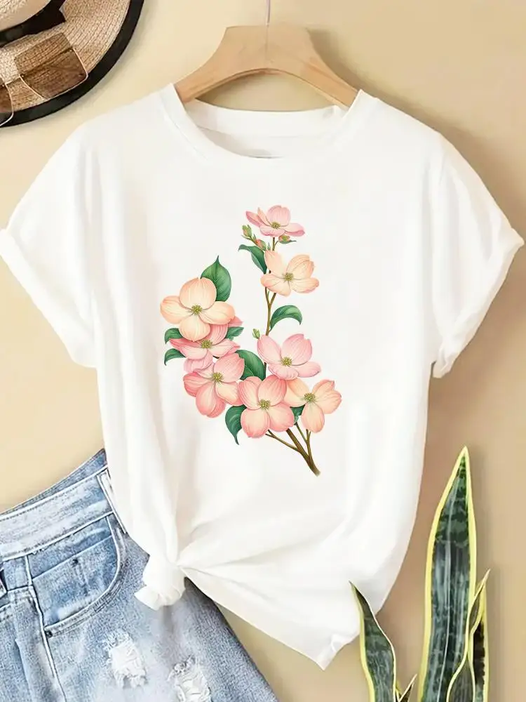 جميل زهرة نمط لطيف طباعة عادية T السيدات شعبية س الرقبة موضة الملابس تيز المرأة الجرافيك تي شيرت ملابس قصيرة الأكمام